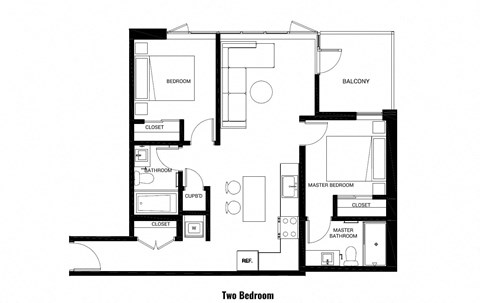 floor plan of the upper level of the apartment with bedroom and bathroom